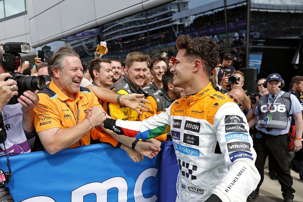 Zak Brown, CEO, McLaren Racing, Lando Norris, McLaren, 2nd position, celebrate in Parc Ferme