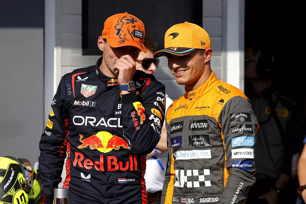 Max Verstappen, Red Bull Racing, Lando Norris, McLaren, talk after Qualifying