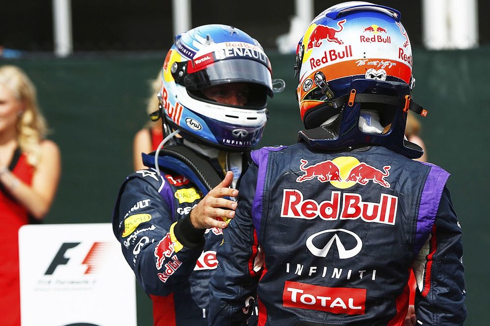 Race winner Daniel Ricciardo, Red Bull Racing, and Sebastian Vettel, Red Bull Racing in parc ferme