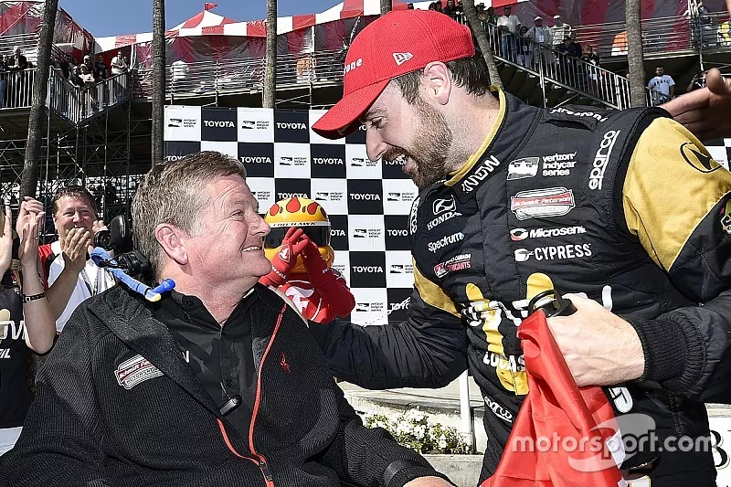 James Hinchcliffe, Schmidt Peterson Motorsports Honda and Sam Schmidt celebrates