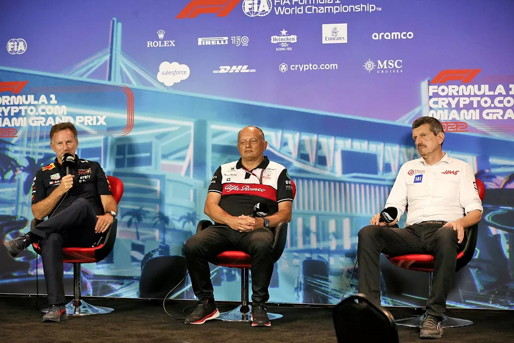 Christian Horner, Team Principal, Red Bull Racing, Frederic Vasseur, Team Principal, Alfa Romeo Racing, Guenther Steiner, Team Principal, Haas F1, in the team principals Press Conference