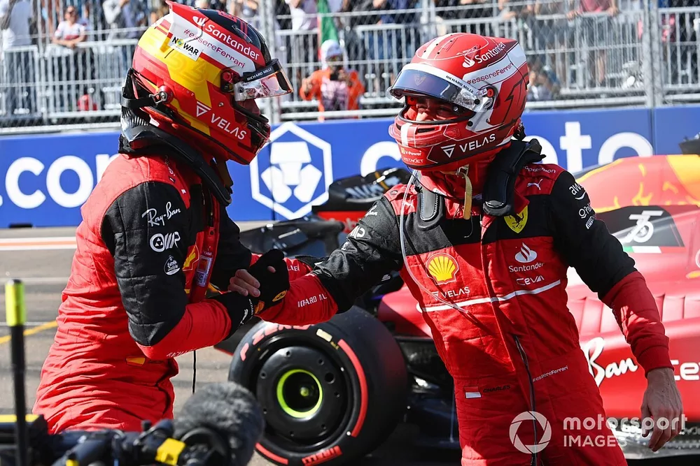 Front row starters Carlos Sainz, Ferrari, pole man Charles Leclerc, Ferrari, congratulate each ther after Qualifying