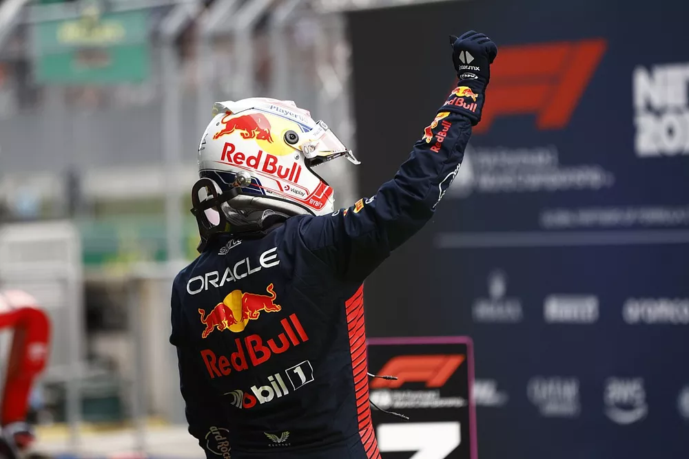 Max Verstappen, Red Bull Racing RB19, celebrates in Parc Ferme after securing pole