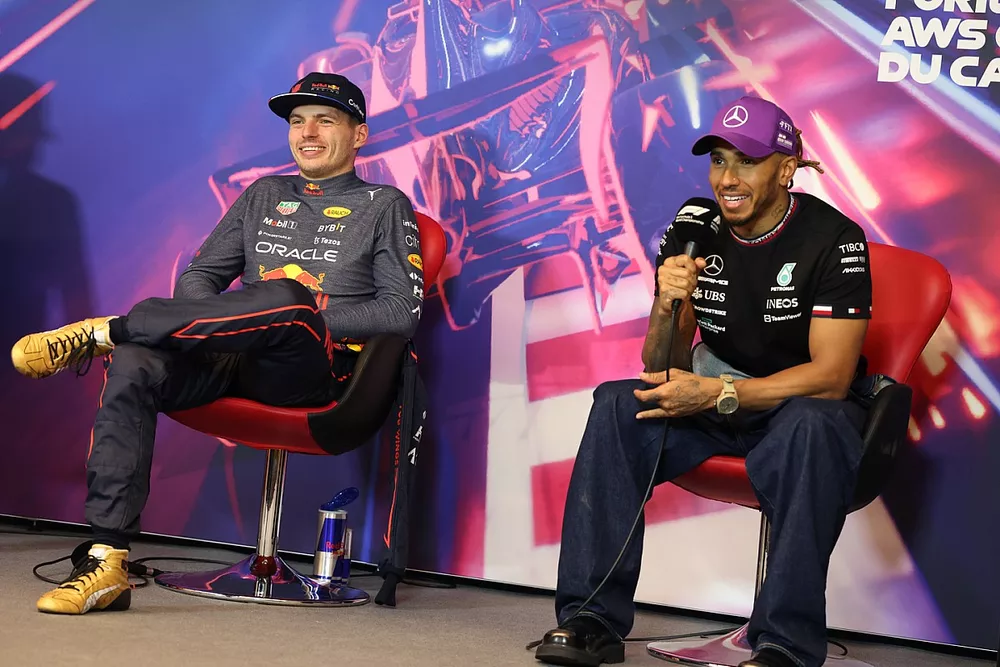Max Verstappen, Red Bull Racing, 1st position, Lewis Hamilton, Mercedes-AMG, 3rd position, in the Press Conference