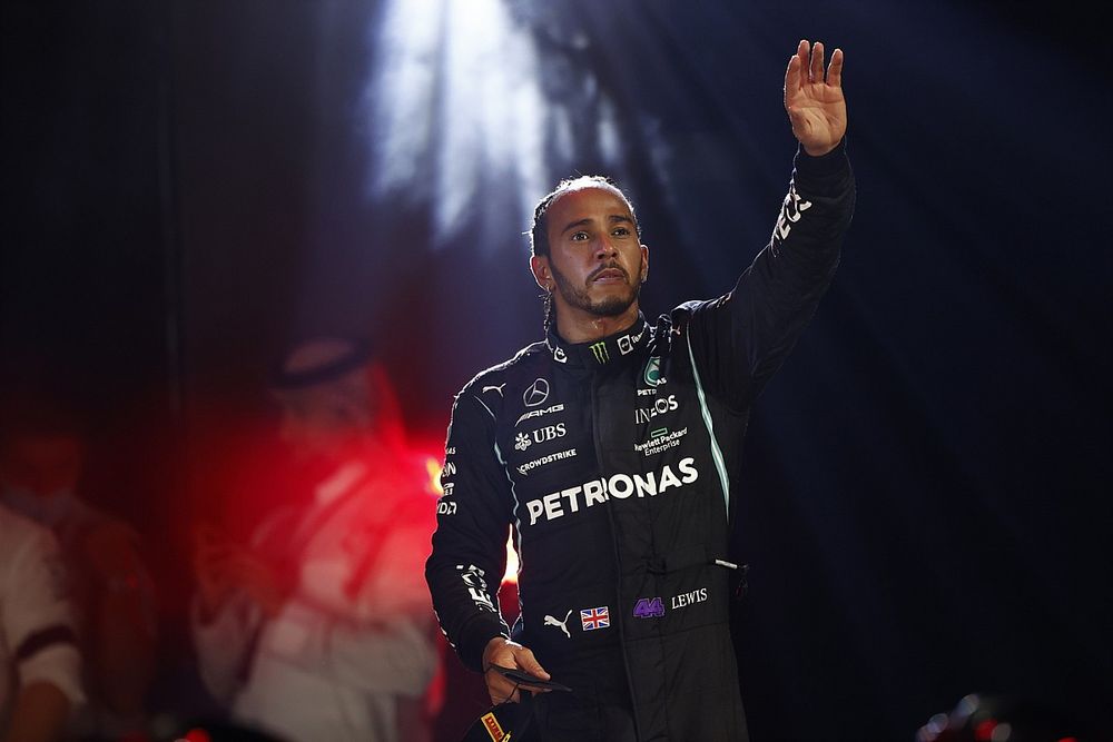 Lewis Hamilton, Mercedes, 1st position, arrives on the podium
