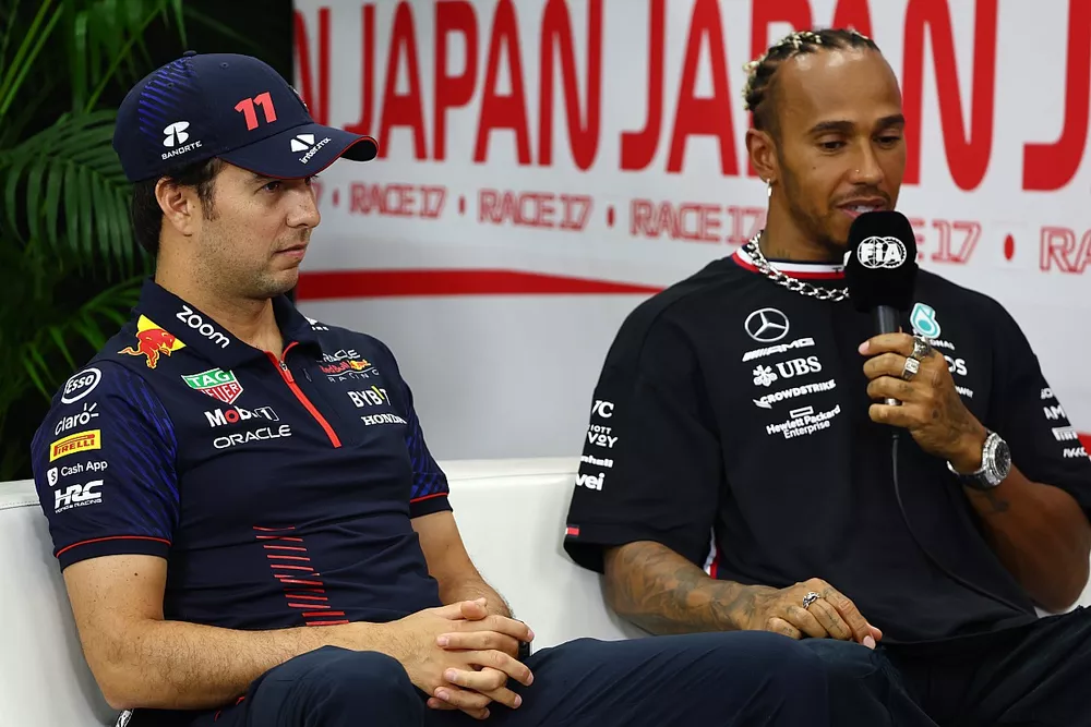 Sergio Perez, Red Bull Racing and Lewis Hamilton, Mercedes-AMG attending the FIA press conference