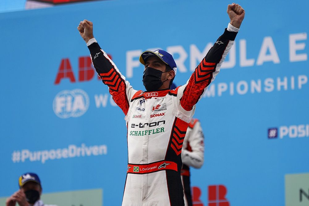 Lucas Di Grassi, Audi Sport ABT Schaeffler, first position, celebrates on the podium
