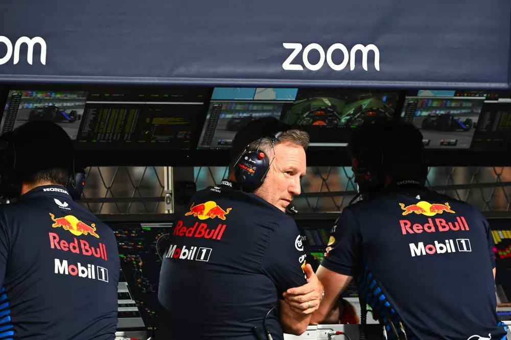 Christian Horner, Team Principal, Red Bull Racing, on the pit wall
