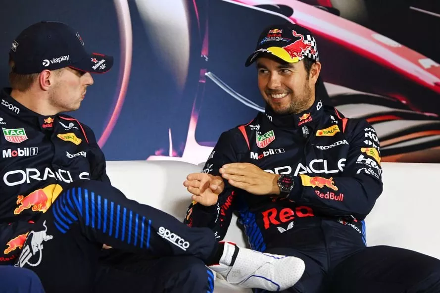 Max Verstappen, Red Bull Racing, 1e positie, Sergio Perez, Red Bull Racing, 3e positie, in de Sprint Race Persconferentie
