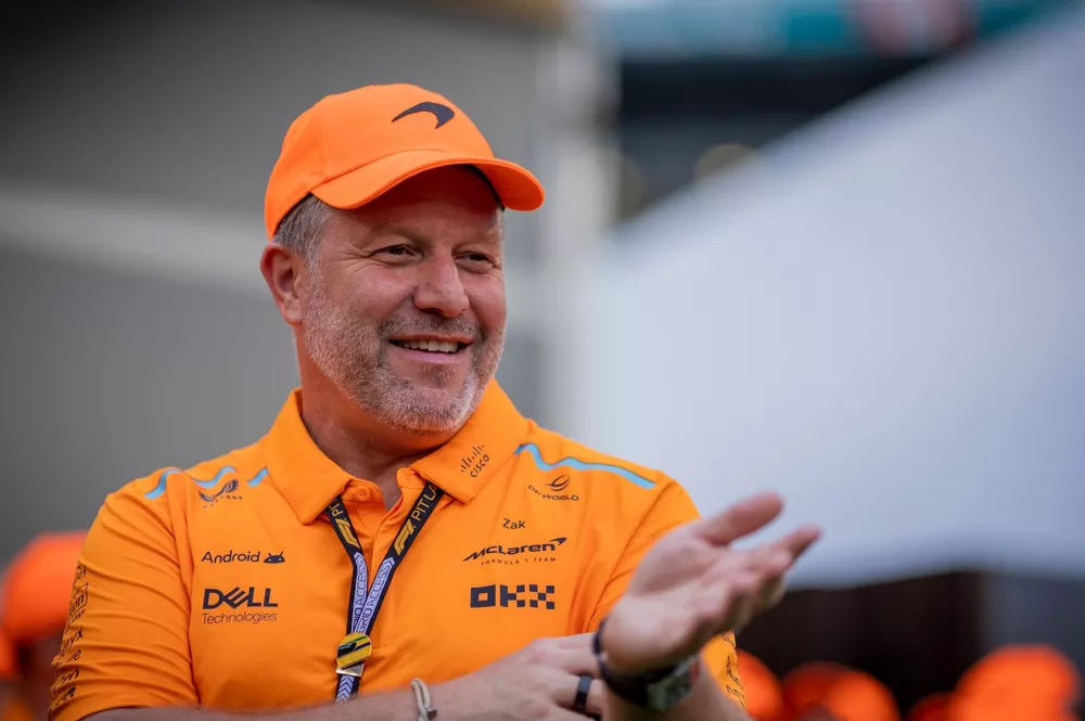 Zak Brown, CEO, McLaren Racing, celebrates victory with his team