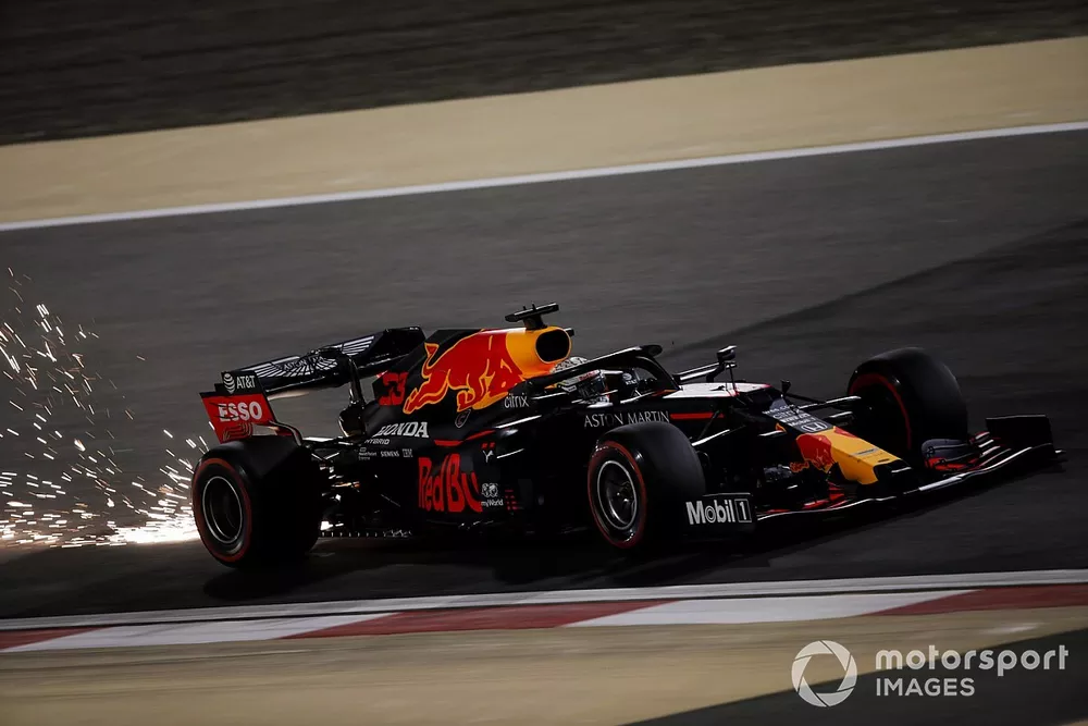 Sparks fly from Max Verstappen, Red Bull Racing RB16