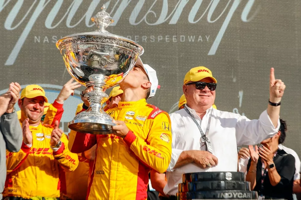 Alex Palou, Chip Ganassi Racing Honda is presented the Astor Challenge Cup for winning the 2024 IndyCar championship