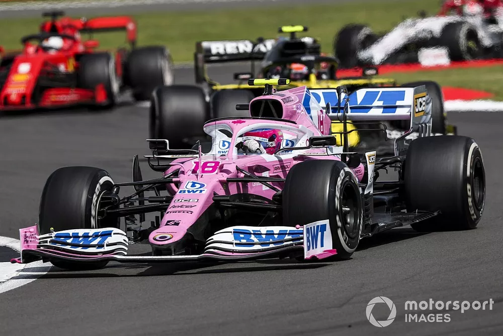 Lance Stroll, Racing Point RP20, Esteban Ocon, Renault F1 Team R.S.20, and Sebastian Vettel, Ferrari SF1000