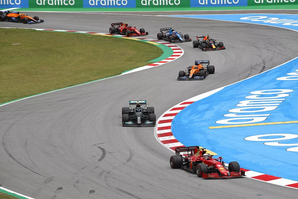 Charles Leclerc, Ferrari SF21, Valtteri Bottas, Mercedes W12, Daniel Ricciardo, McLaren MCL35M, Sergio Perez, Red Bull Racing RB16B, and Esteban Ocon, Alpine A521
