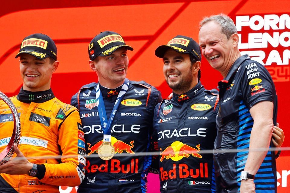 Lando Norris, McLaren F1 Team, 2nd position, Max Verstappen, Red Bull Racing, 1st position, Sergio Perez, Red Bull Racing, 3rd position, Paul Monaghan, Chief Engineer, Red Bull Racing, on the podium