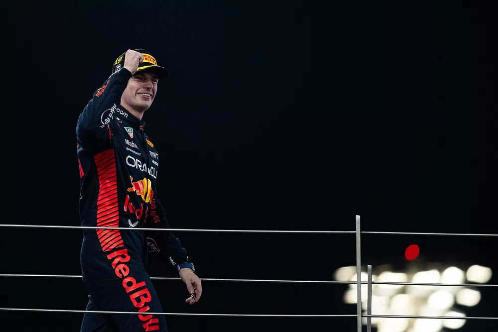 Max Verstappen, Red Bull Racing, 1st position, arrives on the podium
