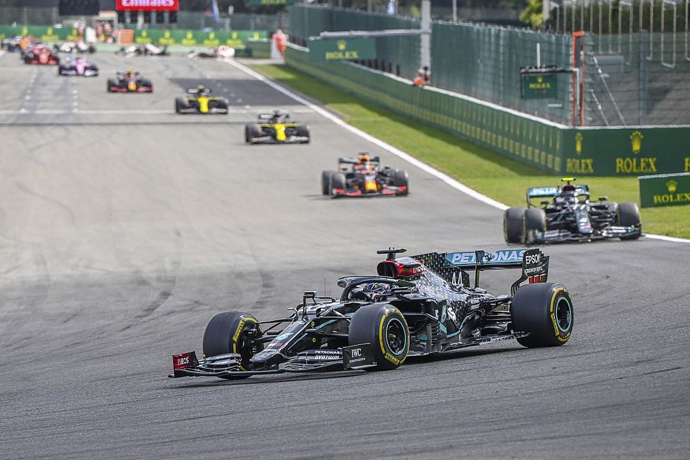 Lewis Hamilton, Mercedes F1 W11, Valtteri Bottas, Mercedes F1 W11, Max Verstappen, Red Bull Racing RB16, and Daniel Ricciardo, Renault F1 Team R.S.20