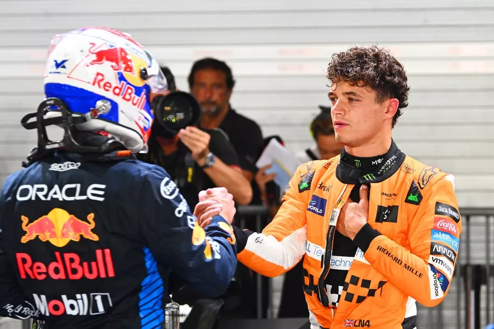 Max Verstappen, Red Bull Racing, congratulates Pole Man Lando Norris, McLaren F1 Team 