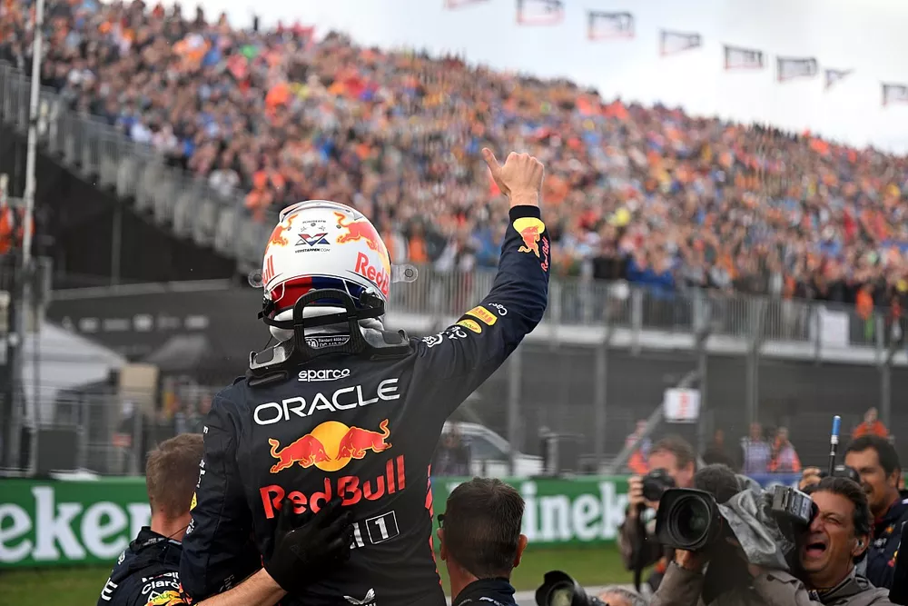Max Verstappen, Red Bull Racing, 1st position, celebrates in Parc Ferme