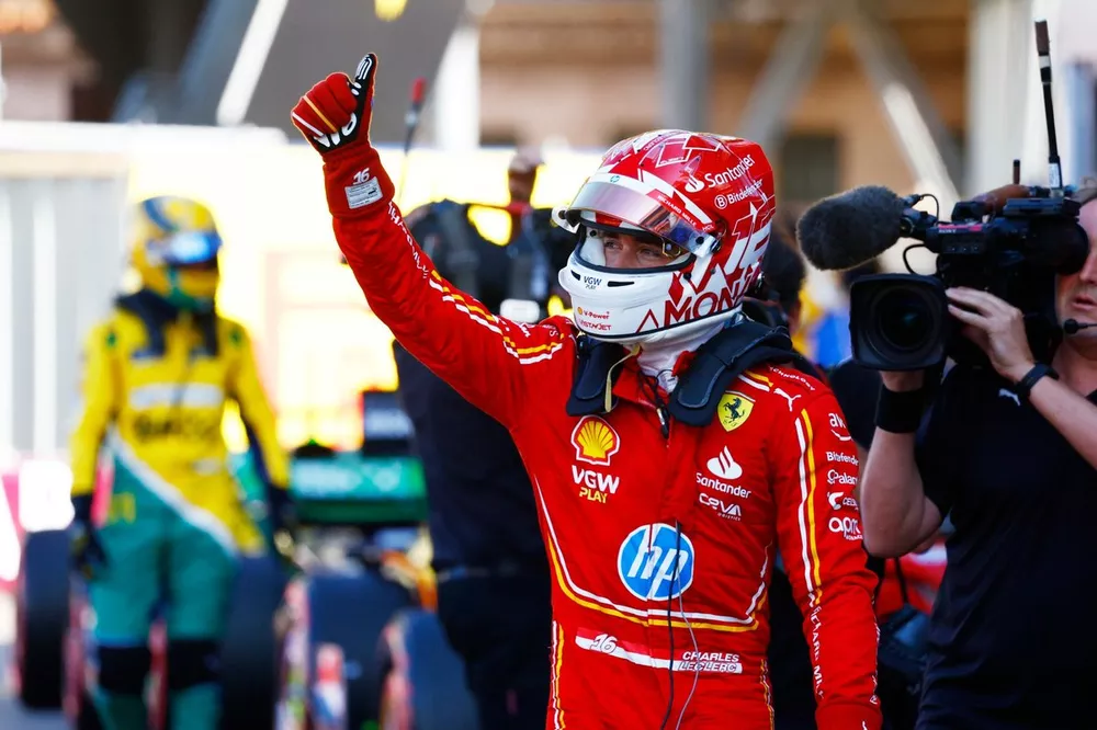 Pole man Charles Leclerc, Scuderia Ferrari, gives a thumbs up after Qualifying