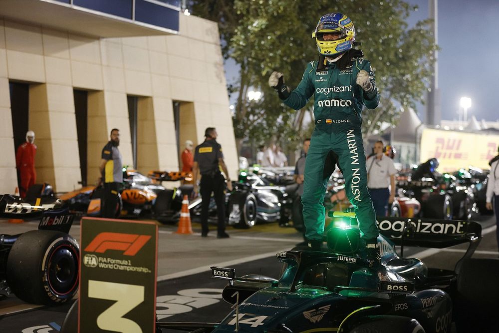 Fernando Alonso, Aston Martin F1 Team, 3rd position, celebrates in Parc Ferme