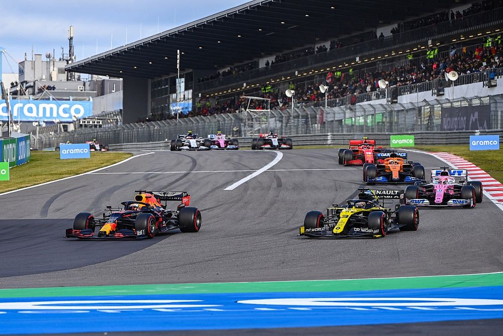 Max Verstappen, Red Bull Racing RB16, Daniel Ricciardo, Renault F1 Team R.S.20, Sergio Perez, Racing Point RP20, Carlos Sainz Jr., McLaren MCL35, and Charles Leclerc, Ferrari SF1000