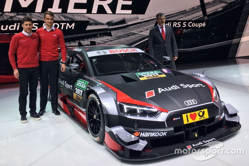 Loic Duval, Nico Müller and Dieter Gass, Head of Audi Sport with the Audi RS 5 DTM 2017