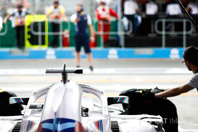 Lance Stroll, Williams FW41 Mercedes, preparing to leave the garage