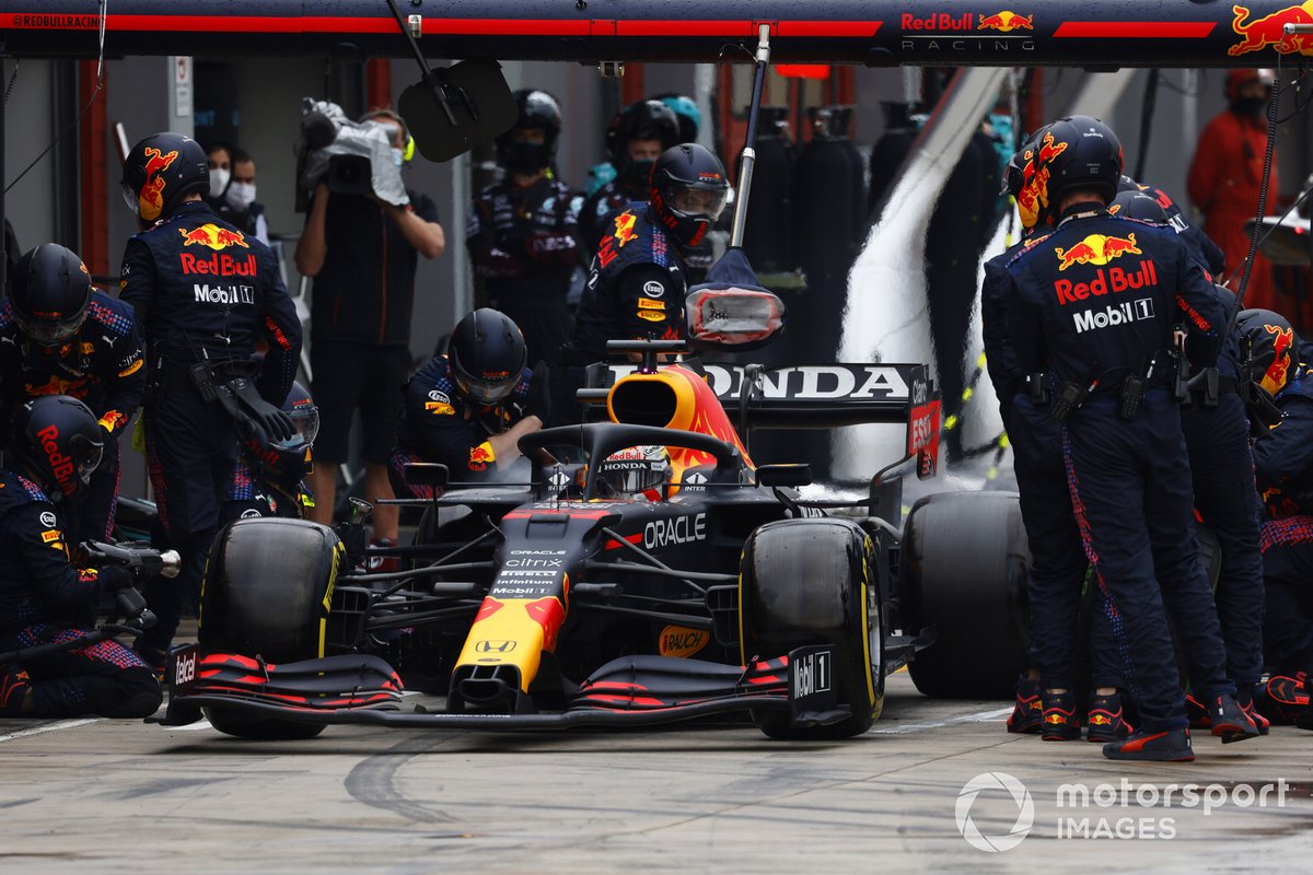 Max Verstappen, Red Bull Racing RB16B, leaves his pit box after a stop