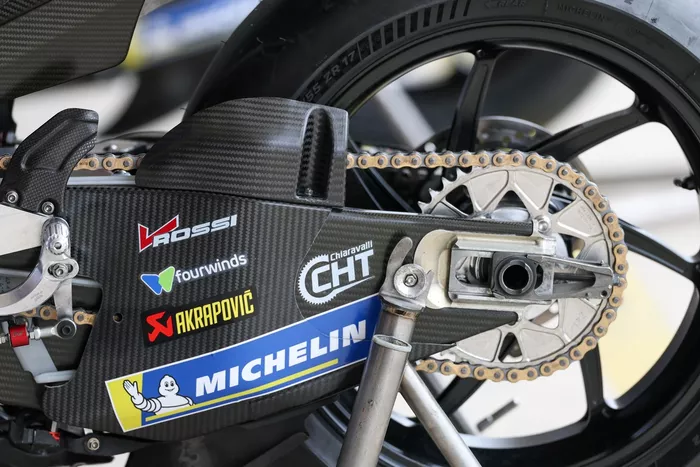 The carbon fiber rear fork and rear tire for Alex Marquez, Gresini Racing