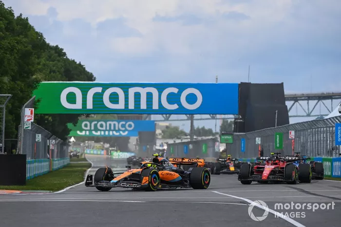 Lando Norris, McLaren MCL60, Charles Leclerc, Ferrari SF-23, Alex Albon, Williams FW45