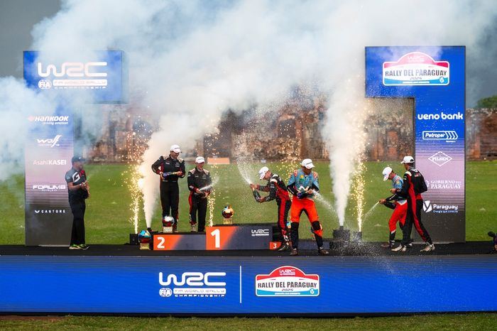 Podium: Winner Sébastien Ogier, Vincent Landais, Toyota Gazoo Racing WRT Toyota GR Yaris Rally1, second place Elfyn Evans, Scott Martin, Toyota Gazoo Racing WRT Toyota GR Yaris Rally1, third place Thierry Neuville, Martijn Wydaeghe, Hyundai World Rally T