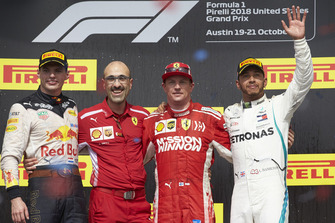 Max Verstappen, Red Bull Racing, 2nd position, Carlos Santi, Race Engineer, Ferrari, Kimi Raikkonen, Ferrari, 1st position, and Lewis Hamilton, Mercedes AMG F1, 3rd position, on the podium