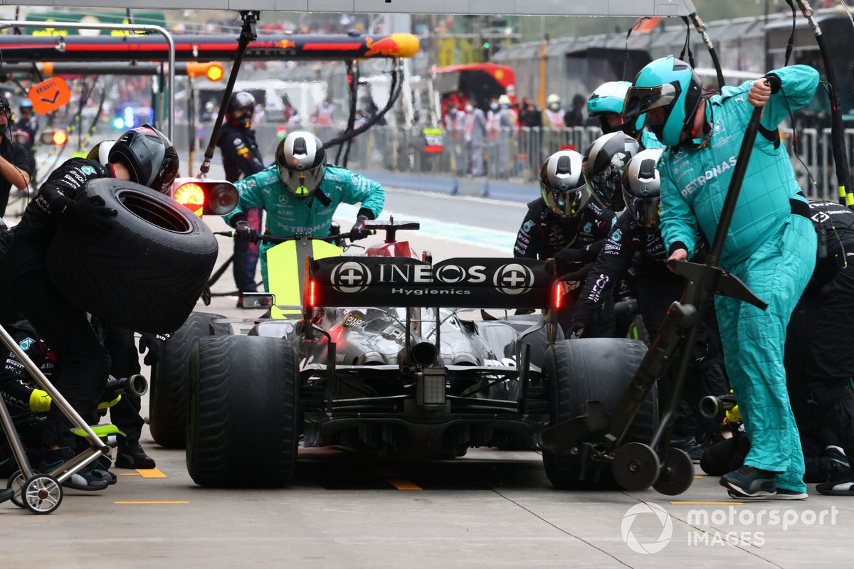 Lewis Hamilton, Mercedes W12, makes a stop