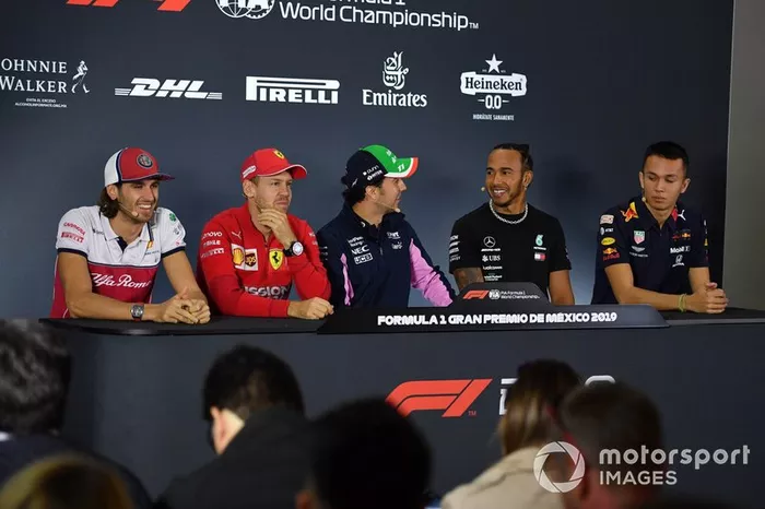 Antonio Giovinazzi, Alfa Romeo Racing, Sebastian Vettel, Ferrari, Sergio Perez, Racing Point, Lewis Hamilton, Mercedes AMG F1 and Alex Albon, Red Bull Racing in the Press Conference