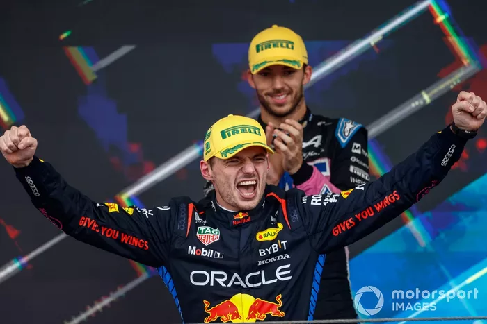 Max Verstappen, Red Bull Racing, 1st position, celebrates on the podium 