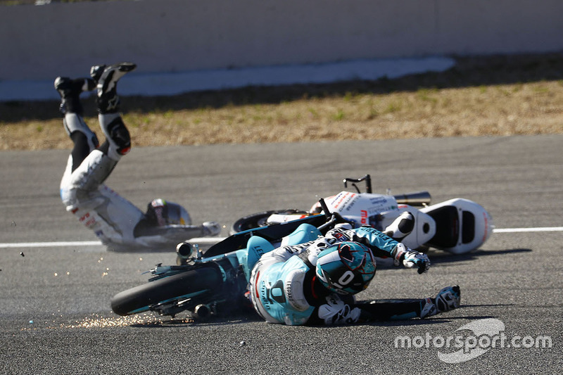 Fabio Quartararo, Leopard Racing and Jorge Martin, Aspar Team Mahindra crash