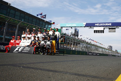 The drivers' group photo: Valtteri Bottas, Mercedes AMG, Lewis Hamilton, Mercedes AMG, Daniel Ricciardo, Red Bull Racing, Max Verstappen, Red Bull, Sergio Perez, Force India, and Esteban Ocon, Force India. Middle row, L-R: Stoffel Vandoorne, McLaren, Fernando Alonso, McLaren, Felipe Massa, Williams, Lance Stroll, Williams, Nico Hulkenberg, Renault Sport F1 Team and Jolyon Palmer, Renault Sport F1 Team Sport F1. Back row, L-R: Kevin Magnussen, Haas F1 Team, Romain Grosjean, Haas F1 Team, Daniil Kvyat, Scuderia Toro Rosso, Carlos Sainz Jr., Scuderia Toro Rosso and Marcus Ericsson, Sauber