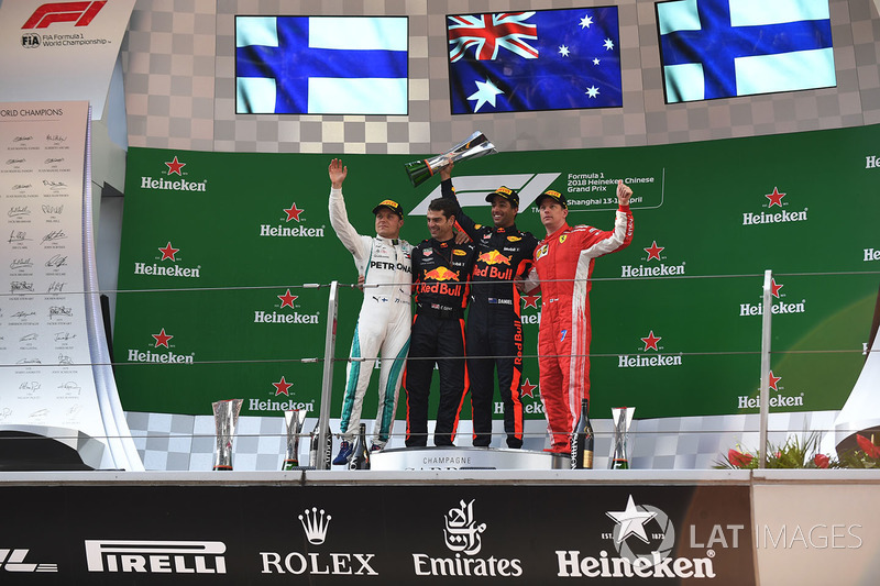 Podium : le vainqueur Daniel Ricciardo, Red Bull Racing, le deuxième, Valtteri Bottas, Mercedes-AMG F1, le troisième Kimi Raikkonen, Ferrari