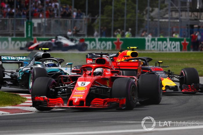 Sebastian Vettel, Ferrari SF71H,  Valtteri Bottas, Mercedes AMG F1 W09 y Max Verstappen, Red 