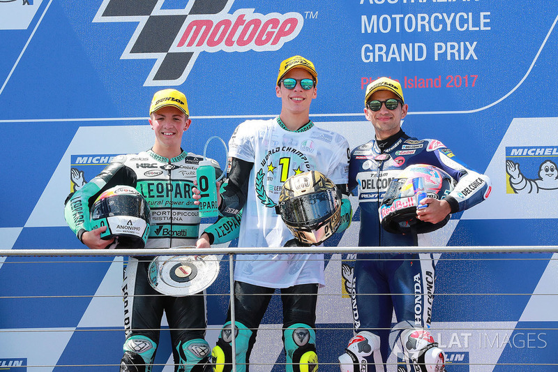 El ganador de la carrera Joan Mir, Leopard Racing, el segundo clasificado Livio Loi, Leopard Racing, el tercer clasificado Jorge Martin, Del Conca Gresini Racing Moto3