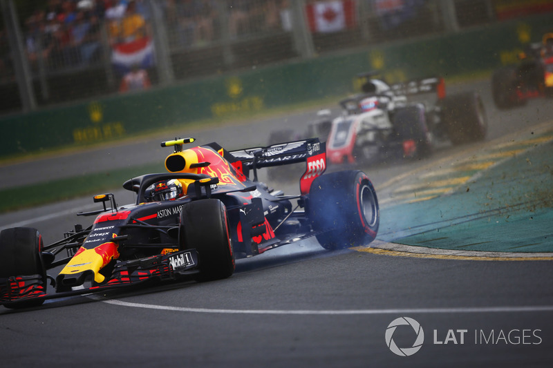 Max Verstappen, Red Bull Racing RB14 Tag Heuer, spins in the path of Romain Grosjean, Haas F1 Team VF-18 Ferrari