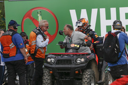Race retiree Max Verstappen, Red Bull Racing, Race Marshals and Security after stopping on track