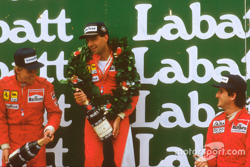 Michele Alboreto, primer lugar, Stefan Johansson, segundo lugar y Alain Prost, tercer lugar