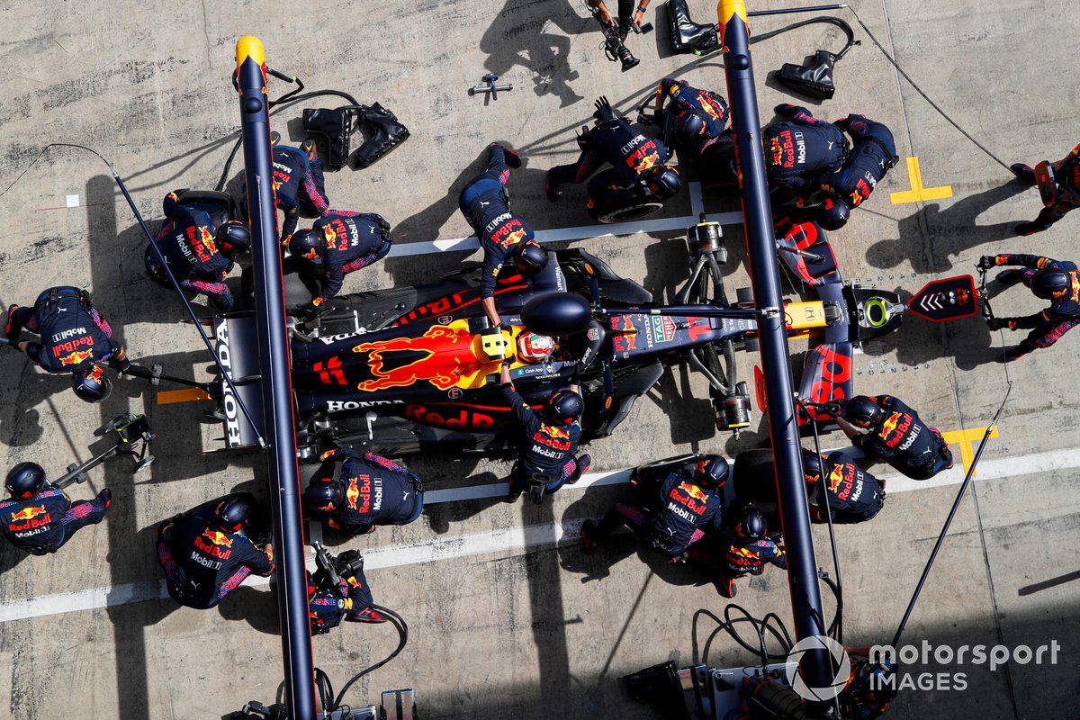 Sergio Perez, Red Bull Racing RB16B , in the pits