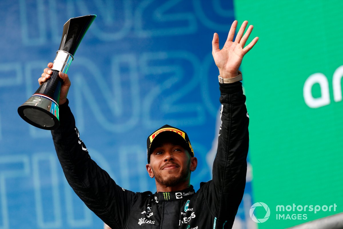 Lewis Hamilton, Mercedes AMG, 2nd position, with his trophy