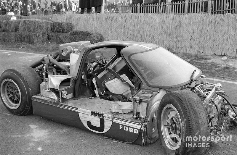 The wreckage of Mario Andretti / Lucien Bianchi's Holman Moody Racing, Ford GT40 Mk4