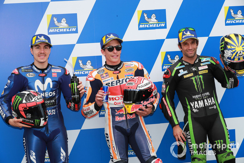 Polesitter Marc Marquez, Repsol Honda Team, second place Maverick Viñales, Yamaha Factory Racing, third place Johann Zarco, Monster Yamaha Tech 3