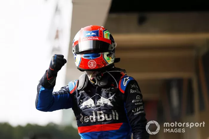 Pierre Gasly, Toro Rosso, festeggia nel parco chiuso