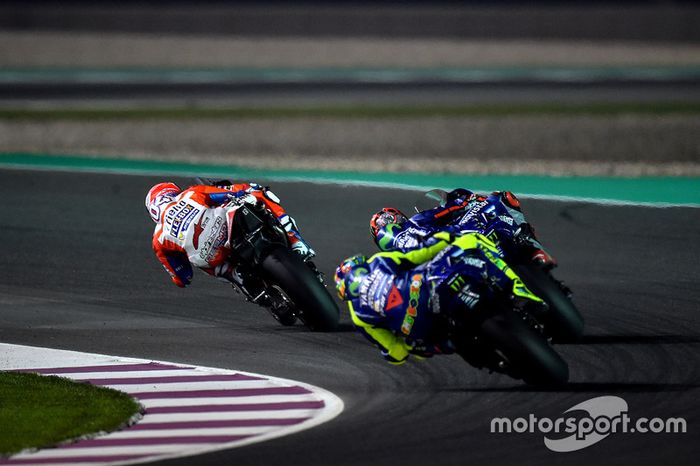 Andrea Dovizioso, Ducati Team; Maverick Maverick Viñales, Yamaha Factory Racing; Valentino Rossi, Yamaha Factory Racing